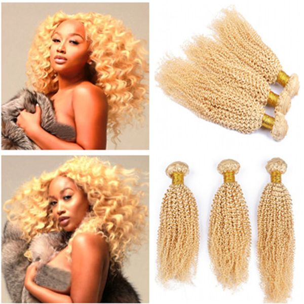 Kinky Curly 613 Golden Blonde Peruvian Human Hair Weave Bundles