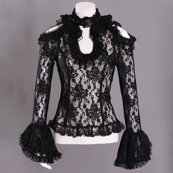 

punk gothic black lace perspective women shirts steampunk vintage long sleeve off shoulder stand collar shirts, White