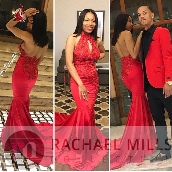 

New African Red Mermaid Prom Dresses 2017 High Neck Sexy Open Back Long Sleeves Trumpet Prom Evening Gowns