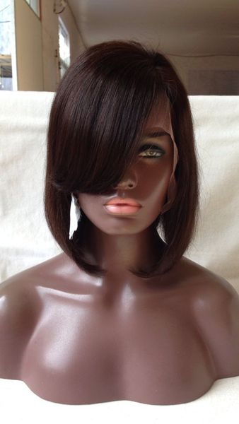 

short bob lace front human hair wigs with side bangs peruvian human hair full lace wigs natural straight for black women, Black;brown