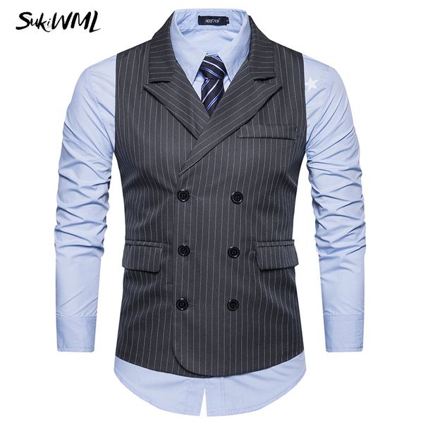 

sukiwml 2017 new strip suit vest men slim fit homme gilet de costume casual mens double breasted vest wedding mens suit, Black;white
