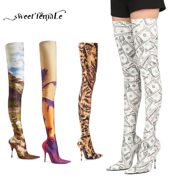 

SWEET FEMALE Brand women's shoes 2018 Autumn Big size 34-48 Stretch boots women Sexy printed Fine heel Over the knee Boots