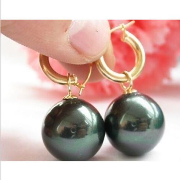 

huge 16mm perfect round black south sea shell pearl dangle earring 14k gold, Golden