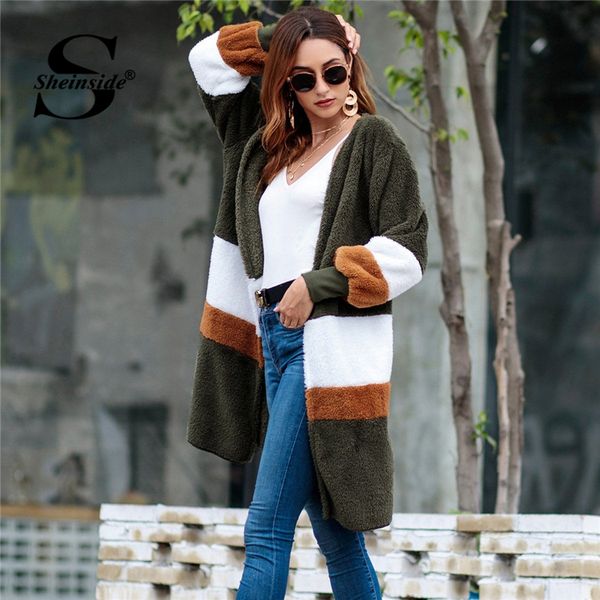 

sheinside elegant faux fur teddy coat women 2018 winter warm soft fur jacket ladies plush overcoat cut and sew casual outerwear, Black