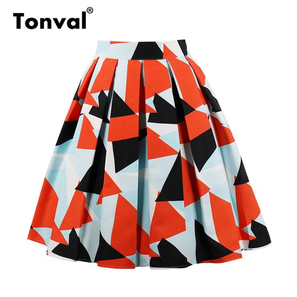 

tonval vintage women geometric designs pleated skirts womens orange print plus size midi skirt high waist summer skirt, Black