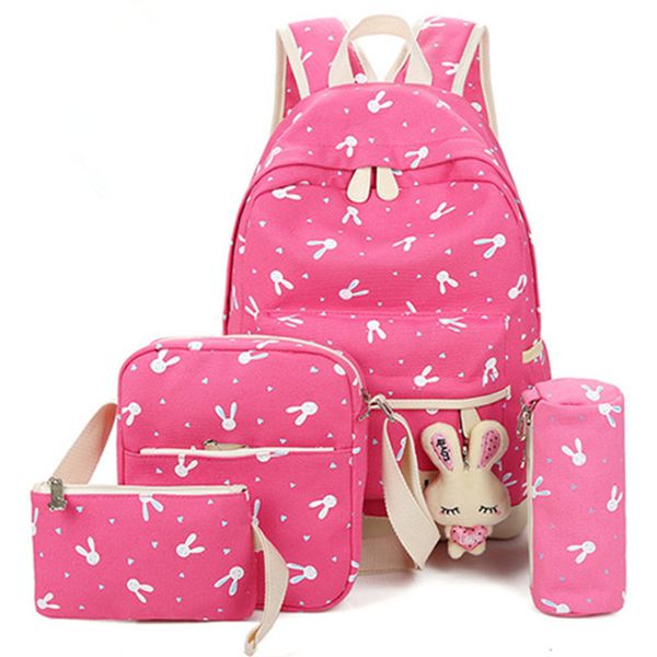 

4pcs/sets backpack 2018 cartoon printing school bag canvas schoolbags for teenage cute girls bookbag children