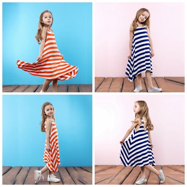

kids girls summer one piece stripe beach dress striped long dresses girls sundress child clothes sleeveless, Red;yellow