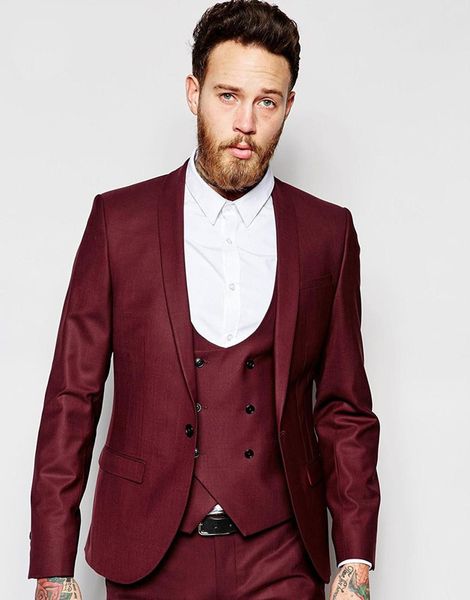 Elegante Um Botão Vermelho Escuro Do Noivo Smoking Xaile Lapela Groomsmen Melhor Homem Blazer Ternos Do Casamento Dos Homens (Jacket + Pants + Vest + Tie) H: 719