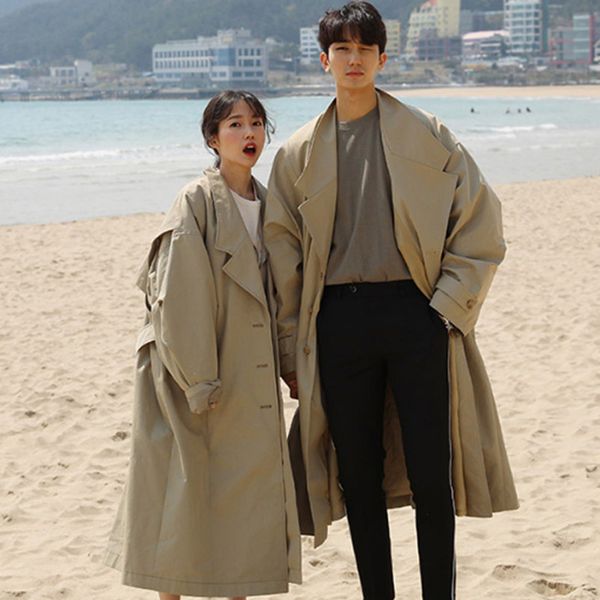 

2018 autumn new women's casual trench coat oversize single row of buckle vintage washed outwear loose clothing, Tan;black