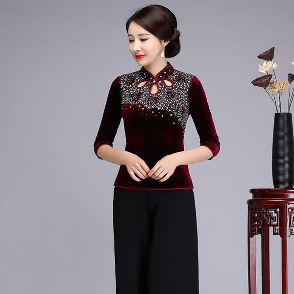 

chiense national elegant lady shirt flower clothing spring summer three quarter sleeve blouse sapphire blue shirt -4xl, White
