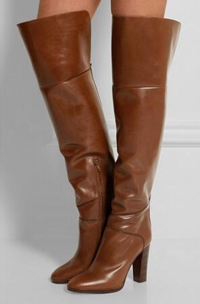 

2018 real leather autumn winter women thigh high boots thick heel over the knee boots for plus size women shoes brown and black