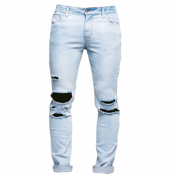 

men's stretchy ripped skinny biker jeans destroyed taped slim fit denim pants, Blue