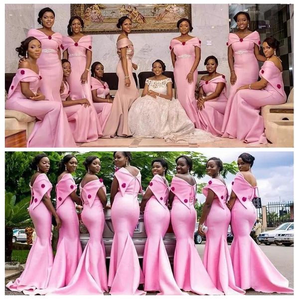 

2018 Off Shoulder Pink Mermaid Bridesmaid Dresses Long Slim Sash Maid Of Honor Dresses Evening Wear Wedding Guest Party Gowns Formal