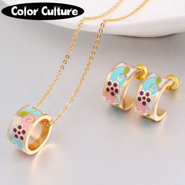 

2017 fashion gold-color necklace women flower sets filled color design enamel jewelry sets prom jewelry (necklace, earring, Silver