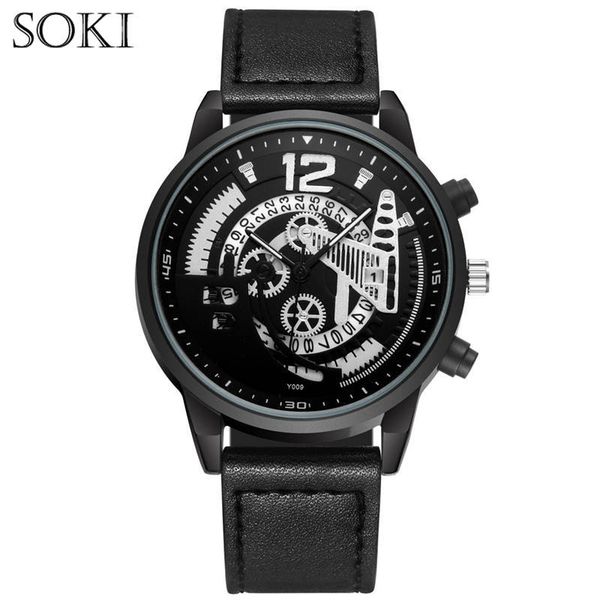 

soki mechanical gears unique design big dial watch leather strap men women casual fashion sport quartz modern gift wrist watches, Slivery;brown