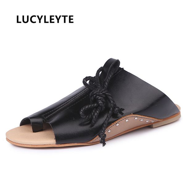 

2018 new retro casual sandals feet naked strap colorblock fish mouth shoes rivet flat large yard women's sandals, Black