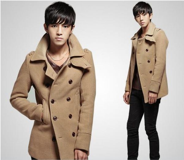 

korean men fashion woolen coat lapel double-breasted coat woolen windbreaker jacket # 72118, Black