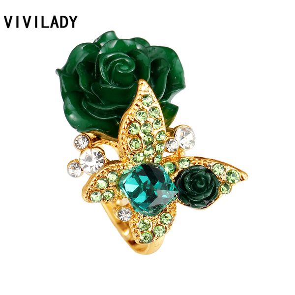 

vivilady trendy cube crystal flower butterfly cocktail ring for women rhinestone resin gold color boho bijoux party jewelry gift, Golden;silver
