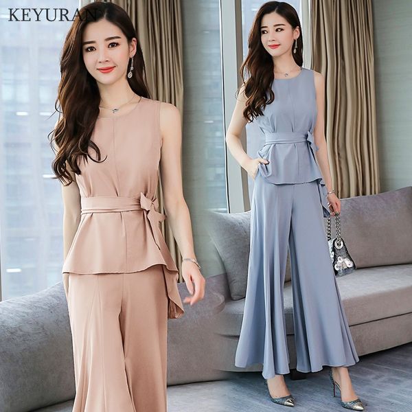 

2018 summer new fashion women 2 pieces sets sashes bow chiffon sleeveless and wide leg pants eleladies suits l2122, White