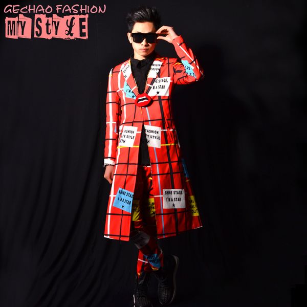 

new 2017 men's clothing nightclub male singer dsdj stage performance clothing gd red line long coat bar singer costumes, White;black
