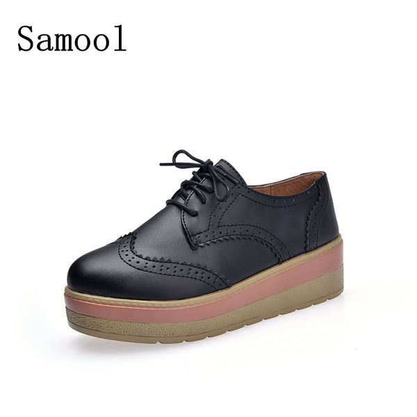 

2017 autumn cow leather brogue shoes women candy colors platform oxfords british style creepers cut-out flat casual women shoes, Black