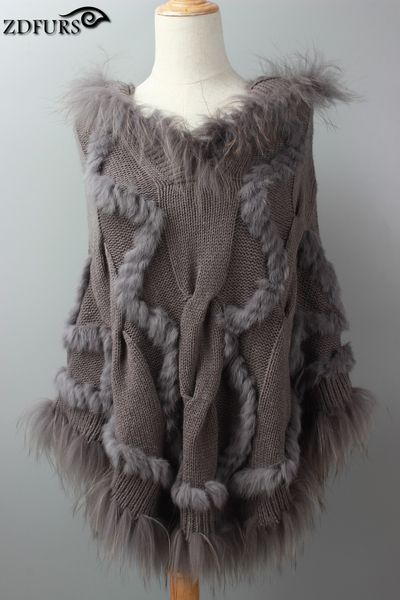 

casual real knitting wool hooded poncho with raccoon fur trim womens fashion hoody solid shawl, Black
