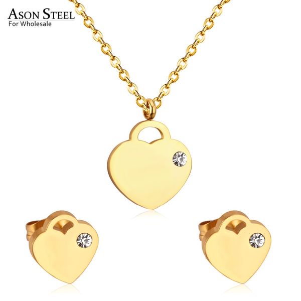 

asonsteel luxury jewelry gold/silver color heart pendants fashion stainless steel necklaces earrings set for women jewelry