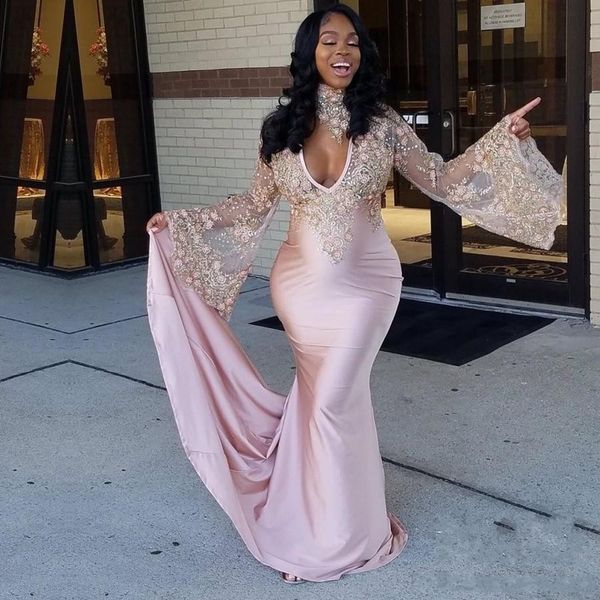 

new designer south african pink black girls mermaid prom dresses 2k18 deep v neck beads crystals lace floor length dresses party wear