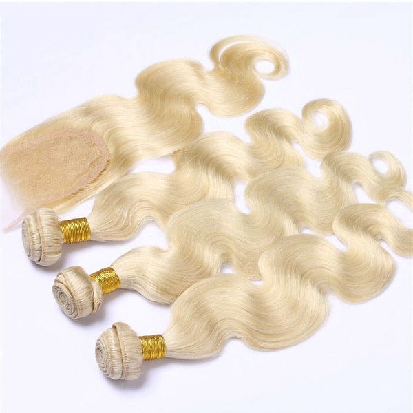 Extensões de cabelo humano virgem malaia, cabelo liso, 12-24 cabeças, com fechamento, tecelagem de cabelo remy, loiro 613, fábrica de juancheng