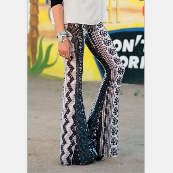 

white and black diamond flower print bell-bottom pants, Black;white
