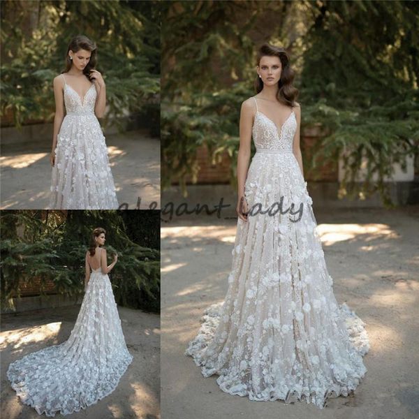 

berta bridal lace wedding dresses spaghetti sweetheart neckline backless applique 3d floral cathedral train sleeveless wedding gown, White