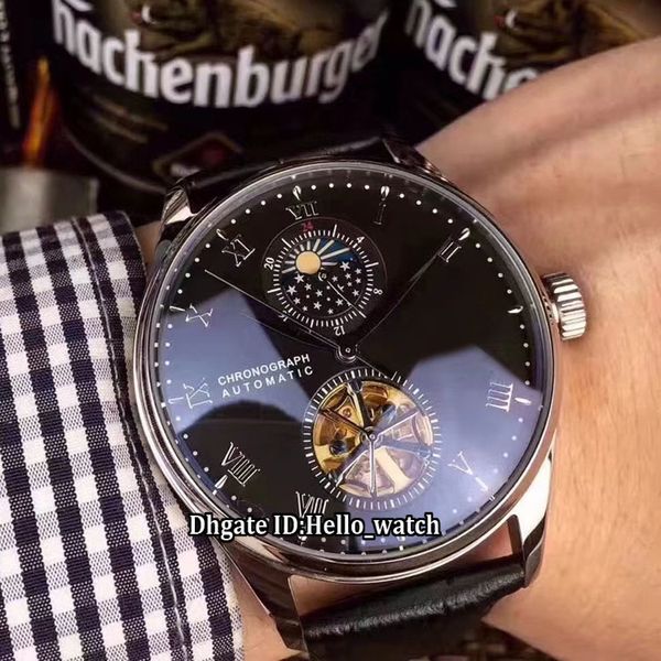 

2018 Новая Модель Portugieser Черный Циферблат Автоматическая Moon Phase Tourbillon Мужские Часы Серебряный Корпус Кожаный Ремешок Высокого Качества Мужские Часы