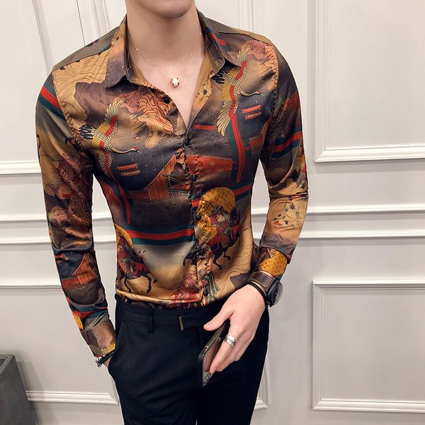 

designer print shirt men long sleeve club party wedding men shirt floral print hawaiian camisa masculina slim fit male top, White;black