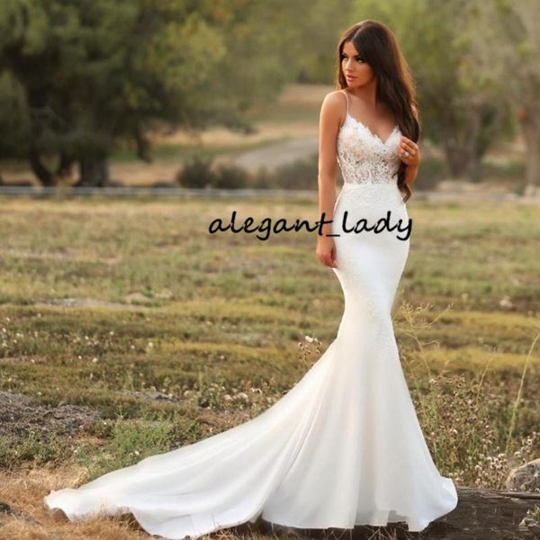 

bohemian mermaid wedding dresses 2018 modest spaghetti backless lace stain outdoor country garden farm bridal informal gown, White