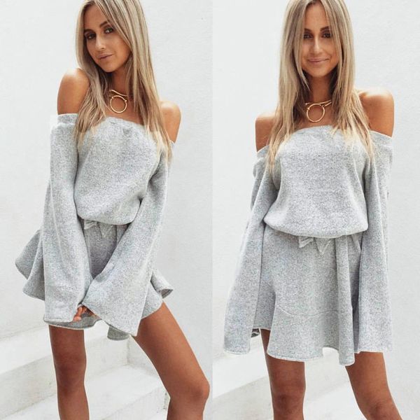 

осень женщины платье 2018 винтаж сексуальная одно плечо груди топ с длинными рукавами и трепал платье, Black;gray