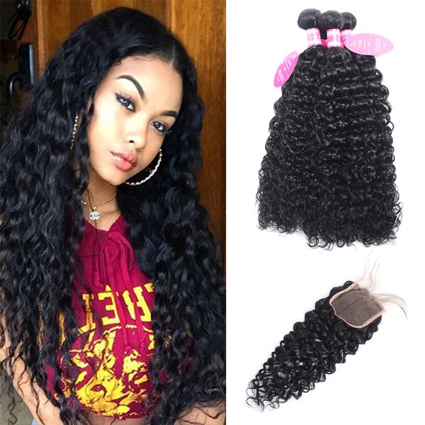 

пучки воды с закрытием бразильского переплетения волос 3 пучка с 4 * 4closure jet black (1 #) наращивание волос remy