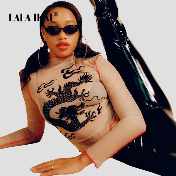 

lalaikai transparent tee women long sleeve printed skin cropped females ear edge see through t-shirts swa1826-47, White