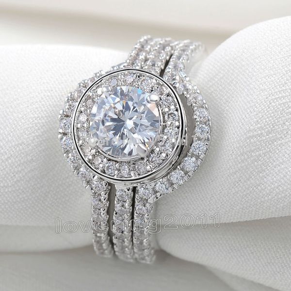 

choucong vintage jewelry diamond 10kt white gold filled 3-in-1 engagement wedding ring set sz 5-11 gift, Slivery;golden