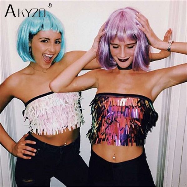 

akyzo strapless tassel fringe sequin crop women fashion party bandage short holiday summer beach cami, White