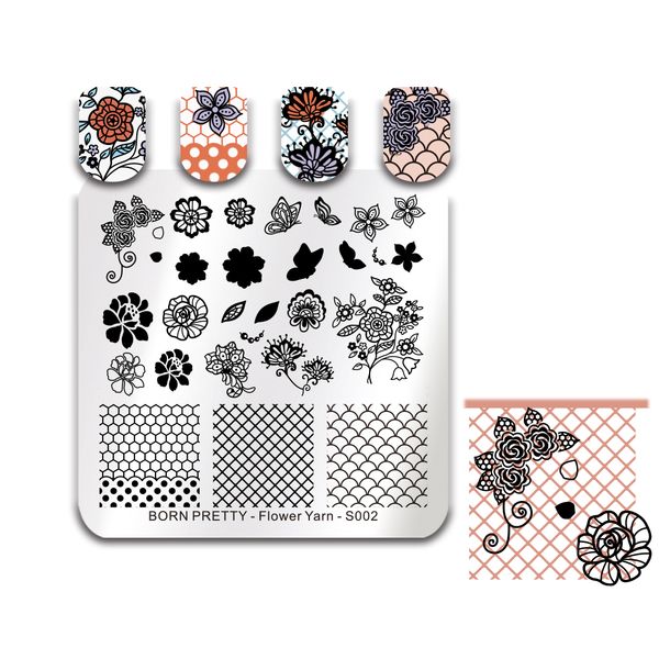 

born pretty flower butterfly grid stamping template nail art stamp plate manicure tools nail stamping plates flower yarn s002, White