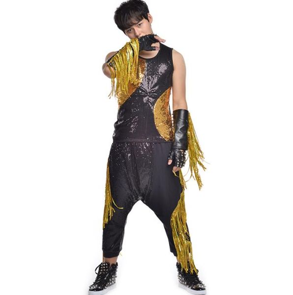 

original men vest personalized singer dance stage street star style sleeveless sequin tassel clothing punk rock splice dress, Black;white