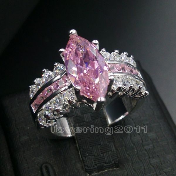 Choucong Clássico Jóias Corte Marquise Rosa pedra 5A Zircon pedra 925 Anel de Banda de Casamento de Prata Conjunto Sz 5-11 Presente