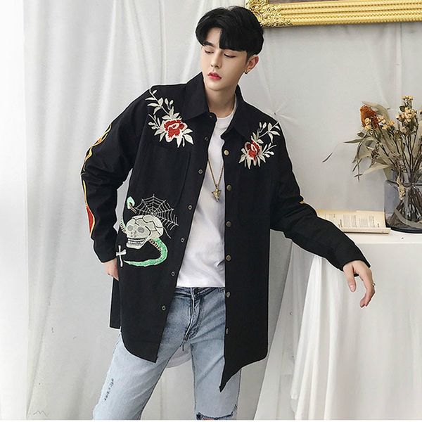 

men embroidery loose jacket male fashion casual street hip hop windbreaker coat spring autumn outerwear overcoat, Black;brown