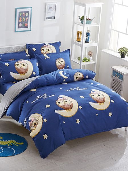 

4pcs bedding set blue cartoon night owl pattern quilt set