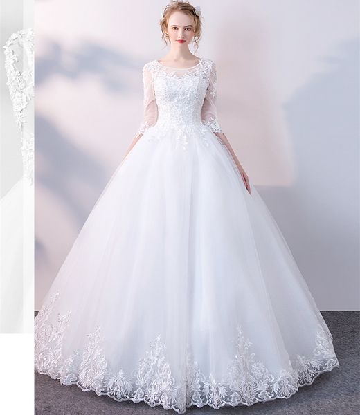 

lace tulle ball gown wedding dresses 2018 half sleeves bridal gowns open back wedding gowns, White