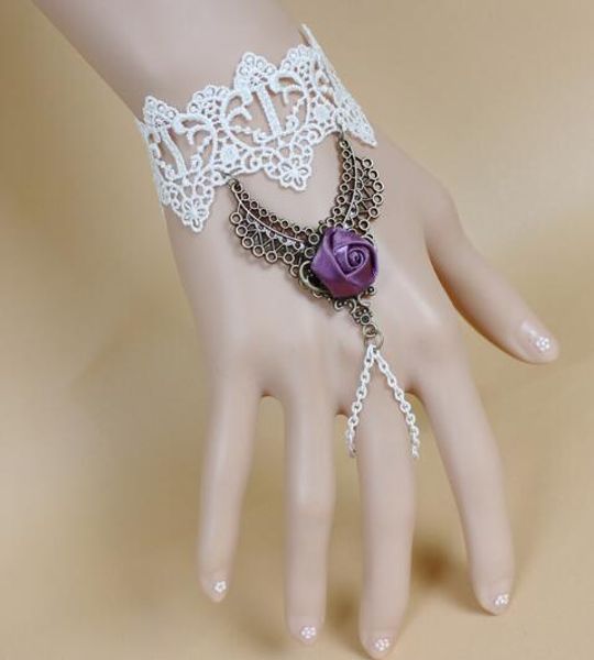 

new vintage gothic punk style white lace rose bracelet band ring integrated bracelet wrist band delicate and elegant, Golden;silver