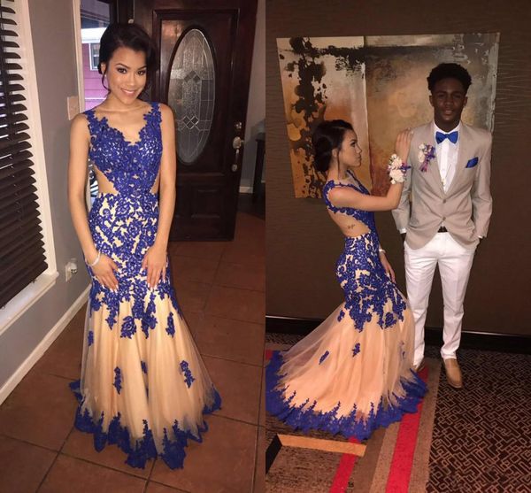 

2018 Mermaid Prom Dresses Royal Blue Lace Pageant Evening Dresses Backless African Formal Wear Custom Made