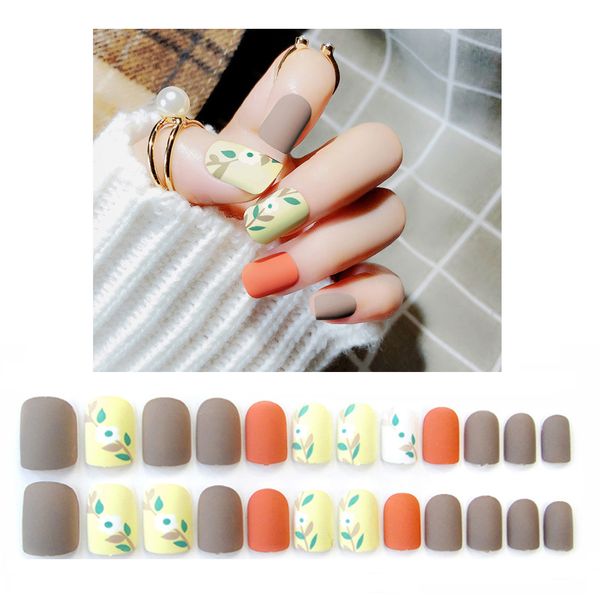 

24pcs/set matte leaves pattern false nails orange grey mix color middle long full finished fake nail art tips tool with glue, Red;gold