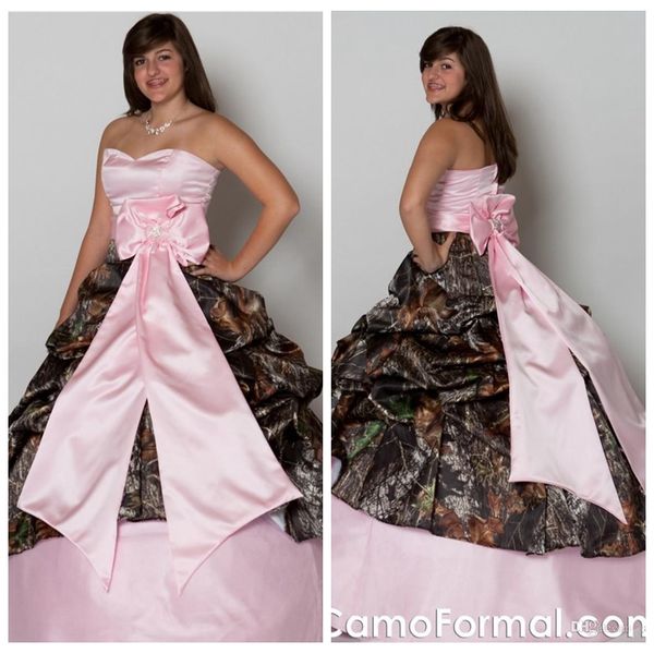 

2018 sweetheart camo ball gown wedding dresses draped with bow bridal gowns plus size pink camouflage real tree satin country, White