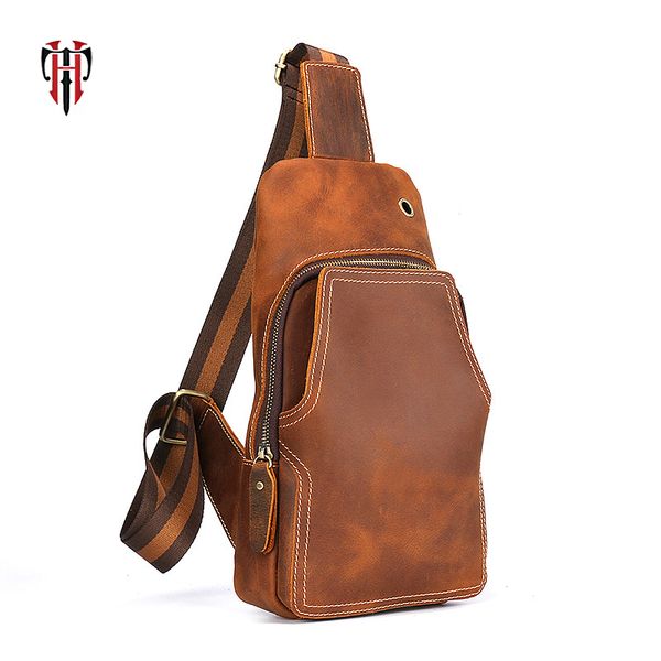 

tianhoo genuine leather walking men bags vintage crazy horse leather chest bag back shoulder small stuff bicycle flap bag